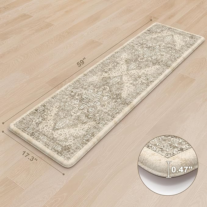 KIMODE Anti Fatigue Kitchen Mat, Cushioned Boho Oriental Kitchen Runner, Non Slip Waterproof Kitchen Mat for Floor, Comfort Foam Standing Desk Mat for Laundry, Office, Sink Khaki 17.3"x59"