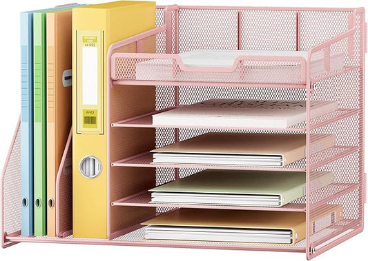 Lavatino 5-Tier Desk Organizer with 2 File Holders, Metal Adjustable Paper Letter Tray for Office or Home Desk Organizers and Accessories | 7 Flexible Dividers Keep Workspace Supplies Neat, Pink