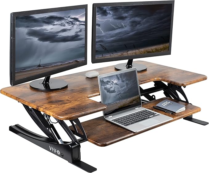 VIVO 42 inch Height Adjustable Stand Up Desk Converter, V Series, Quick Sit to Stand Tabletop Dual Monitor Riser Workstation, Rustic Vintage Brown Top, Black Frame, DESK-V000VLN