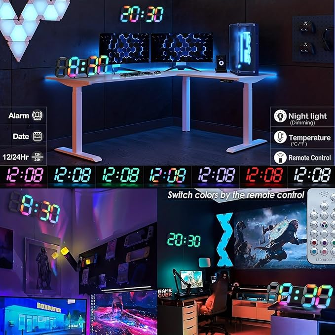 KOSUMOSU LED Digital Clock Neon Clock 9.7" Black Gaming Clock RGB LED Wall Clock for Living Room Desk Clock Large Display Clock for Bedroom, Black Clock with Dimming