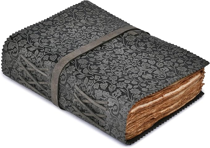 LEATHER VILLAGE Leather Bound Floral Embossed Journal for Women Men - 200 Pages, 6”X4”(A6), Black - Book of Shadows, Vintage Blank Paper Travel Diary, Notebook for Writing, Drawing, Sketchbook