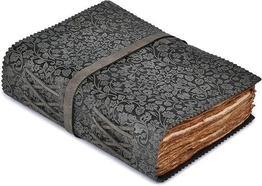 LEATHER VILLAGE Leather Bound Floral Embossed Journal for Women Men - 200 Pages, 6”X4”(A6), Black - Book of Shadows, Vintage Blank Paper Travel Diary, Notebook for Writing, Drawing, Sketchbook