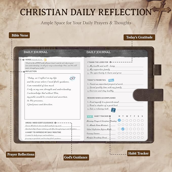 Ospelelf Brown Christian Daily Prayer Journal for Men, Faux Leather Gratitude Journal Planner, Undated 3 Month Bible Notebooks for Note Taking