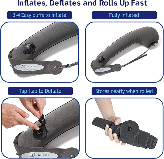 TRAVELREST Ultimate Inflatable Travel Neck & Body Pillow - Travel Essentials, Comfort and Upper Body Support, Airplane Neck Pillow for Long Flight, Straps to Airplane Seat & Car, for All Ages - Grey