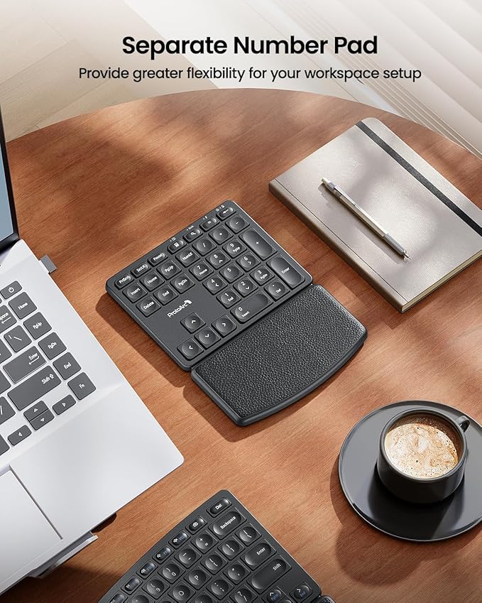 ProtoArc Wireless Ergonomic Keyboard, EK04 2.4GHz Wireless Ergo Keyboard with Separate Numeric Keypad, Split Design, Hard Wrist Rest, Rechargeable, for Windows PC/Laptop/Desktop