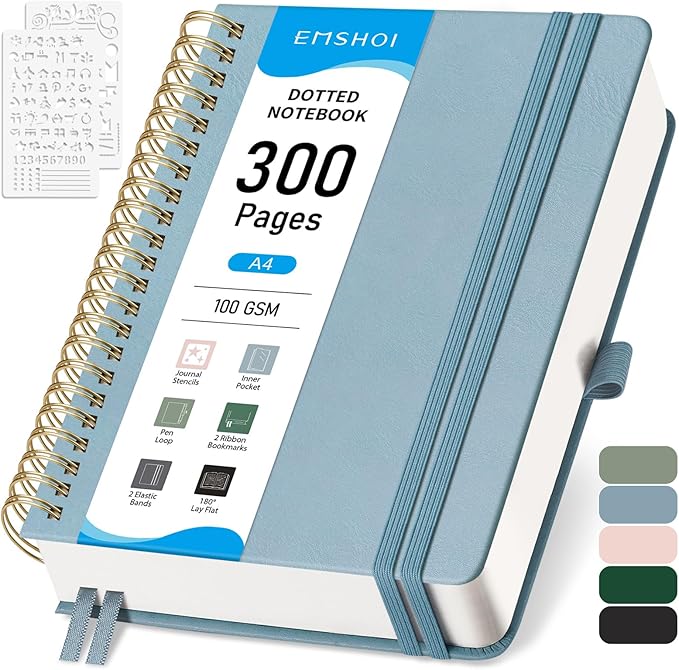 EMSHOI Bullet Dotted Journal Spiral Notebook - 300 Pages, A4 Hardcover Leather, 100 GSM Thick Dot Grid Notebook for Women Men Work Writing, Bullet Journaling, Drawing, 8.27" x 11.2", Gray Blue