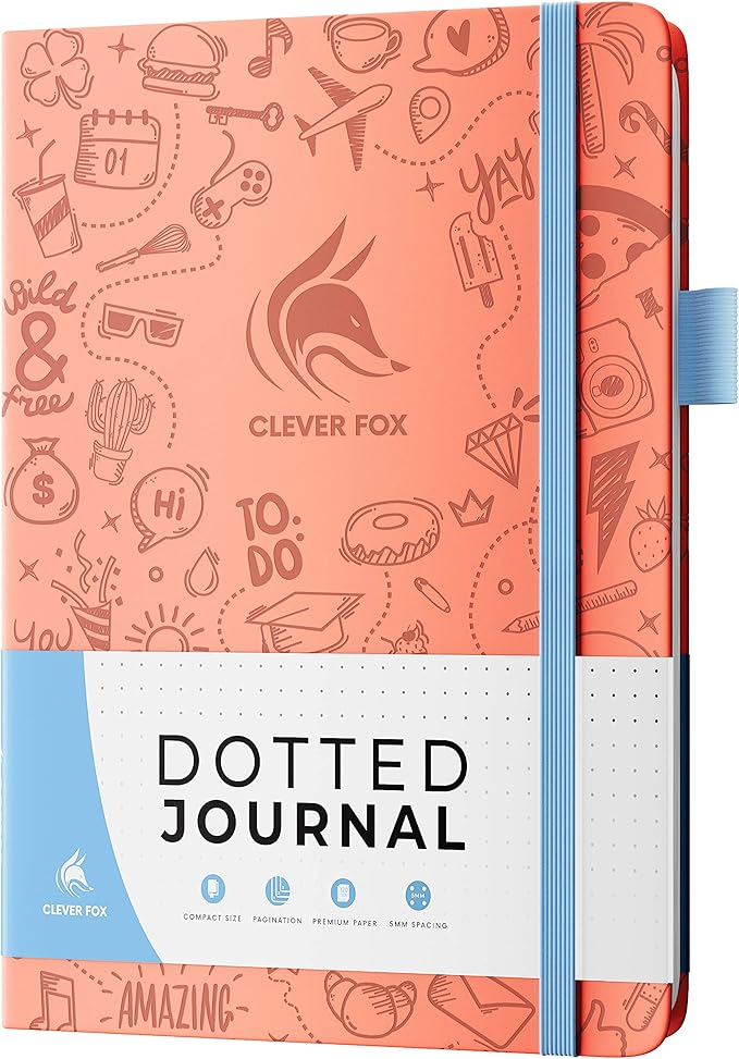 Clever Fox Dotted Journal 2.0 – Compact Planning and Sketching Dot Grid Notebook 120 GSM Thick, No-Bleed Paper – Planner with Pen Loop, Pocket, Ribbons, Stickers A5 - Light Pink