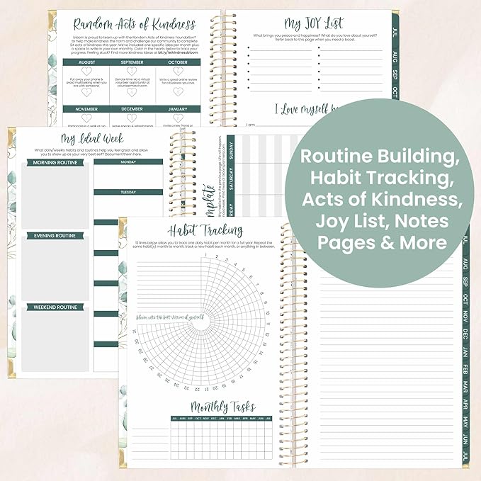 bloom daily planners HARDCOVER 2025-2026 Academic Year Day Planner (July 2025 - July 2026) - A5 Task Goal Organizer - Monthly & Weekly Inspirational Agenda Book - 5.5" x 8.25" - White Eucalyptus