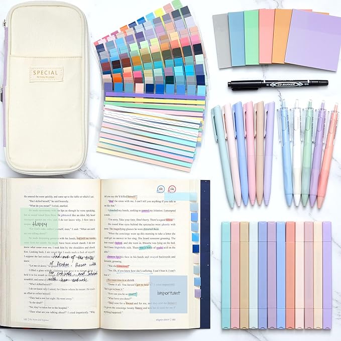 135 Pcs Book Annotation Kit Aesthetic Pencil Case Bag with 12 Highlighter 11 Gel Pen 1 Marker 300 Sheets Transparent Sticky Notes Pads 2640 Index Tabs Bible Study Supplies for School Gift(Purple)