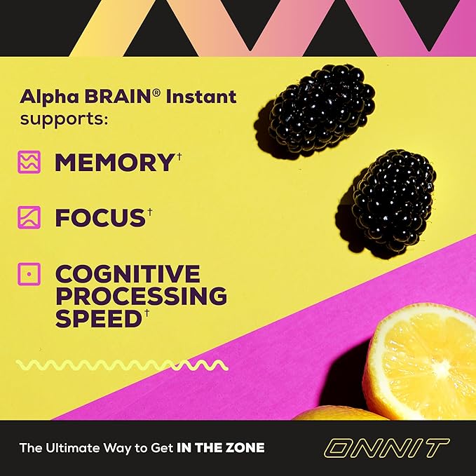 ONNIT Alpha Brain Instant Cognitive Support Drink Mix, BlackBerry Lemonade Flavor, Nootropic Supplement for Focus, Memory, and Clarity, 0.13 oz Packets, 30 Count