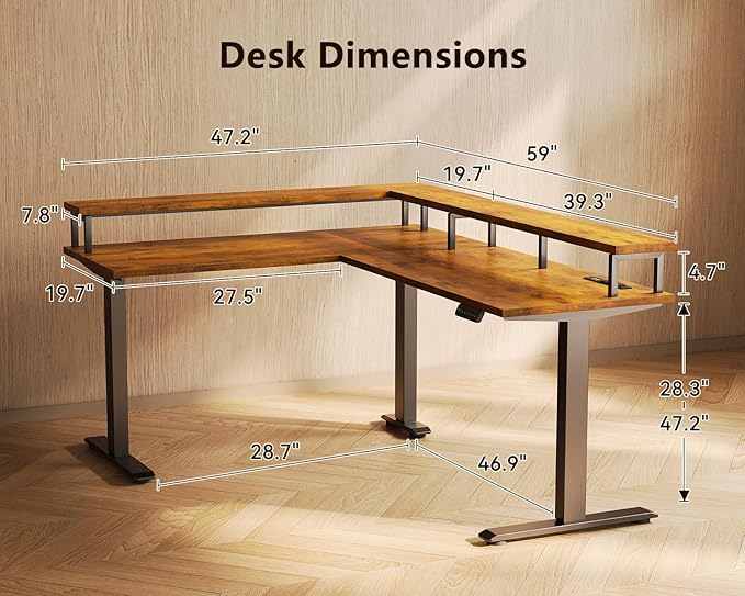AODK Electric L Shaped Standing Desk, 59 Inch Height Adjustable Stand Up Desk with Power Outlets ＆ Full Monitor Stand, Reversible Corner Desk for Home Office ＆ Computer Workstation, Rustic Brown