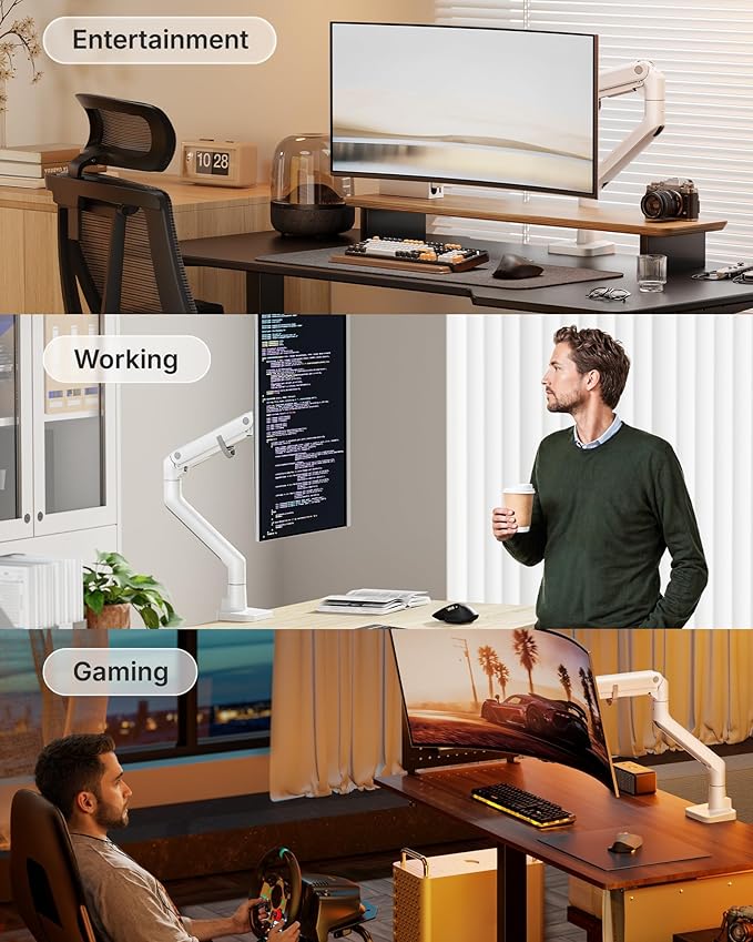 monTEK Heavy-Duty Monitor Arm for 17-57" Ultrawide Curved Screen, Supports up to 59.4 lbs, Adjustable Gas Spring Arm, 75/100 VESA Mount, Clamp & Grommet Desk Monitor Mount Single, White