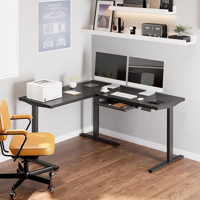 SANODESK L Shaped Electric Standing Desk with Drawer, 63 Inch Ergonomic Adjustable Height Desk with Storage, Corner Desk Sit Stand up Computer Table for Work Office Home, Black