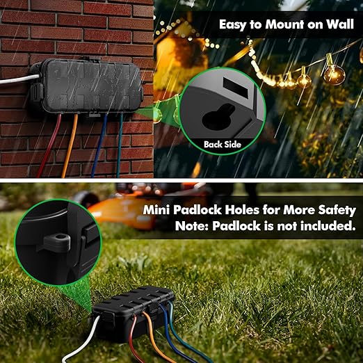 RESTMO Outdoor Electrical Box, IP54 Weatherproof Extension Cord Cover with 6 Cable Entry Ports, Waterproof Connection Box Protect Power Strip, Timer, Plug, Holiday Lights, (11.5x5.2x4 inch), Black