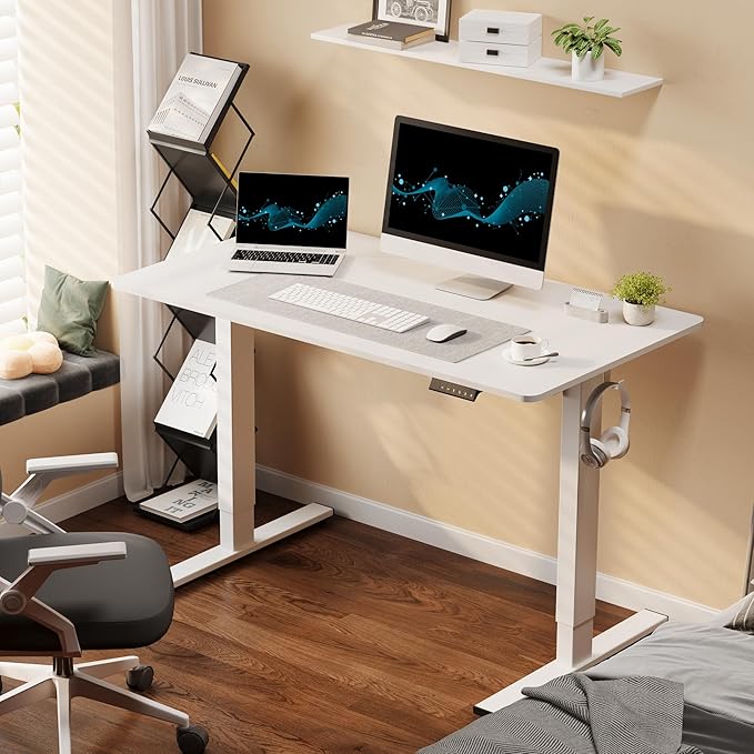 FLEXISPOT Standing Desk with 48 x 24” One-Piece Desktop, Adjustable Height Computer Desk for Home Office (White Frame+ White Top, One Package)