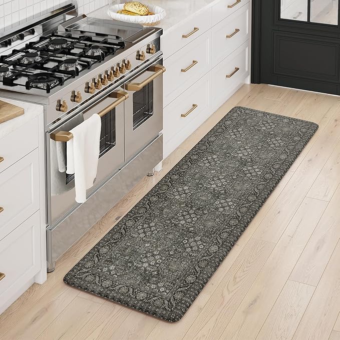 KIMODE Anti Fatigue Kitchen Mat, Cushioned Farmhouse Kitchen Runner, Non Slip Waterproof Kitchen Mat for Floor, Comfort Foam Standing Desk Mat for Laundry, Office, Sink Green/Grey 17.3"x59"