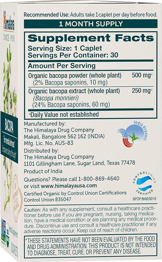 Himalaya Organic Bacopa - Bacopa Monnieri Herbal Brain Supplements for Memory and Focus Support - USDA Organic, Vegan, Non-GMO, Gluten Free, 750 mg, 30 Caplets