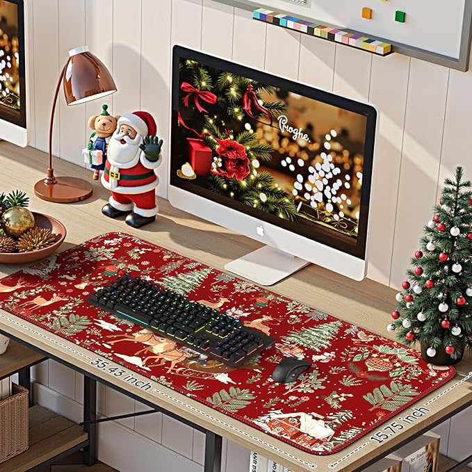iCasso Christmas Desk Mat, Large Mouse Pad With Stitched Edges, Anti-Slip Big Mousepad for Desktop, Office Set for Women (Red)