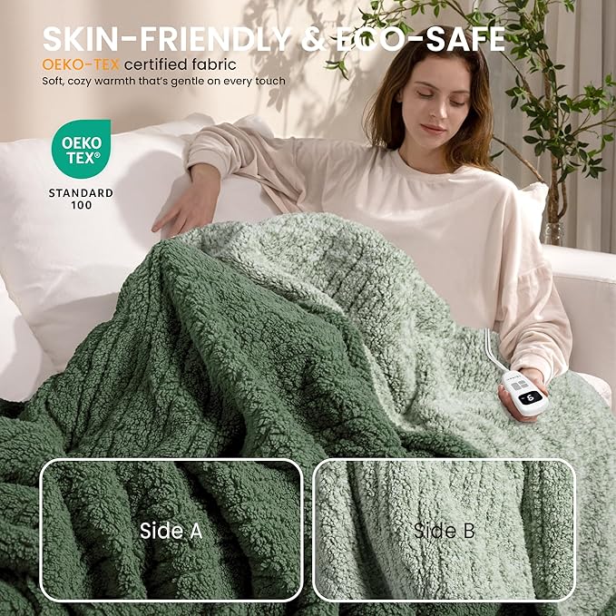 Electric Heated Blanket Throw 50x60 inches, Fast Heating w/ 10 Heat Settings & 2/4/8/10H Auto Timer, Double-Sided Sherpa, Ultra Soft & Cozy for Couch, Bed, Office, Machine Washable,Sage
