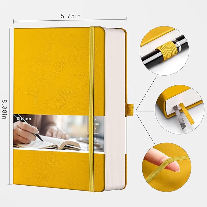 EMSHO A5 Hardcover Leather Dotted Journal - 320 Page Dot Grid Notebook for Women & Men, 100GSM Thick Paper, Ideal for Bullet Journaling, Work Notes, Sketching, Diary, School & Travel-yellow
