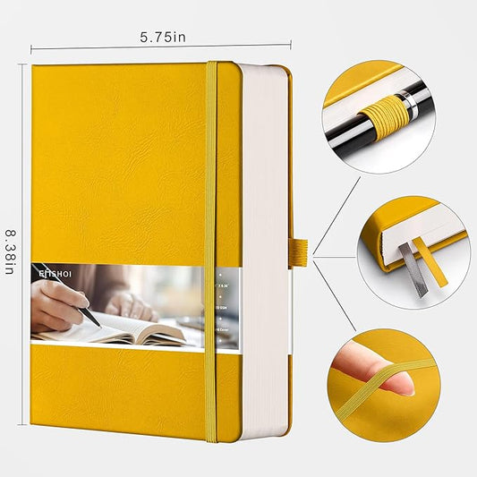 EMSHO A5 Hardcover Leather Dotted Journal - 320 Page Dot Grid Notebook for Women & Men, 100GSM Thick Paper, Ideal for Bullet Journaling, Work Notes, Sketching, Diary, School & Travel-yellow