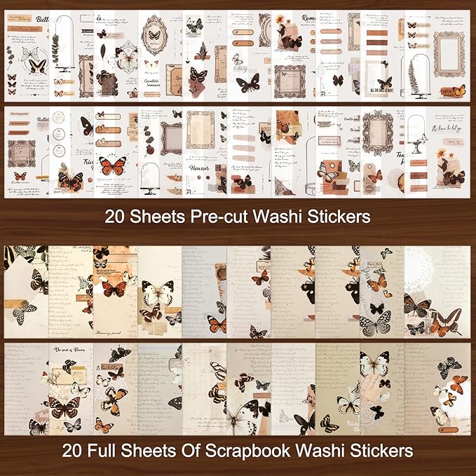 Dizdkizd Washi Stickers for Journaling, Vintage Ephemera Book for Scrapbooking with 180pcs Butterfly Stickers and 20 Sheets Adhesive Scrapbook Papers, Junk Journal Supplies