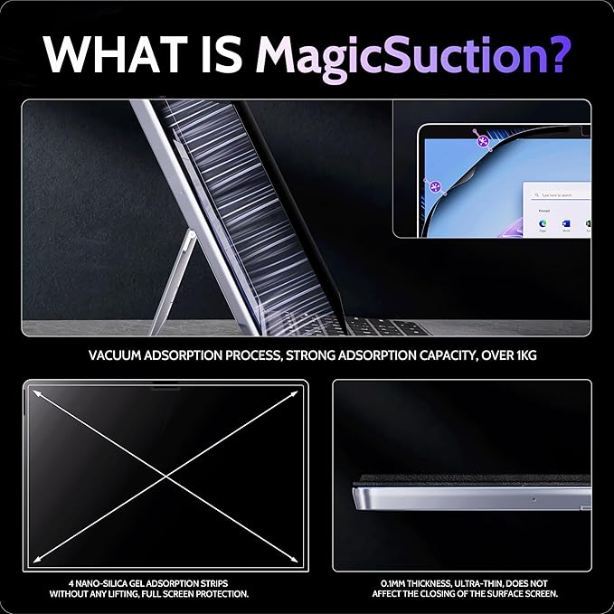 Privacy Screen for 10.5 Inch Surface Go 4/3/2/1, MagicSuction™ Removable Anti Spy Black Protector, Glare Blue Light Filter for Microsoft Laptop Computer Monitor