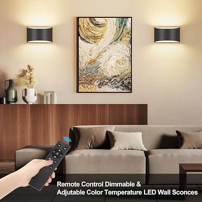 TRLIFE Modern LED Wall Sconces, Remote Control Dimmable and Adjustable Color Temperature 3000K~6000K Aluminum 12W Hardwired 120V AC Dimmable Wall Mounted Light for Bedroom Living Room(Black, 2 Pack)