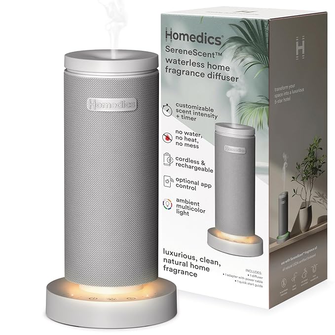 Homedics SereneScent Mini Fabric Rechargeable Waterless Diffuser, Cordless Aromatherapy Device, Use with SereneScent Oil 15ml (Sold Separately), Adjustable Mist Intensity & Ambient Light, Gray