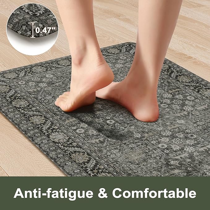 KIMODE Kitchen Mat for Floor Cushioned Anti Fatigue, 20"x71"+20"x32" Farmhouse Kitchen Rugs Sets of 2, Non Slip Waterproof Kitchen Floor Mat, Standing Mat for Sink Laundry Office Desk Green/Grey