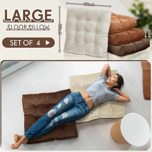Jerify 4 Pcs Floor Pillow Cushions 22 x 22 Inch Round Square Large Meditation Floor Pillow for Classroom Adult Meditation Picnic Party Cushion for Seating Gift Christmas(Brown,Square)