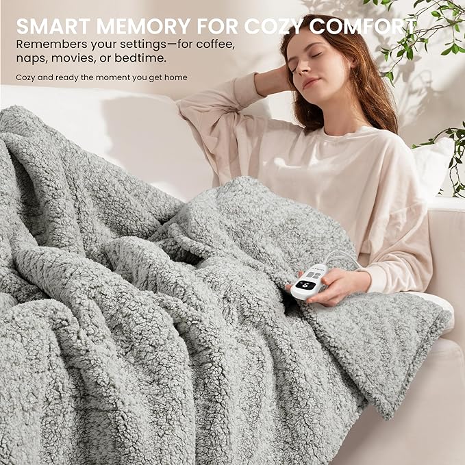 Electric Heated Blanket Full Size 72x84 inches, Fast Heating w/ 10 Heat Settings & 2/4/8/10H Auto Timer, Double-Sided Sherpa, Ultra Soft & Cozy for Couch, Bed, Office, Machine Washable, Light Grey