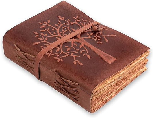 LEATHER VILLAGE Tree of Life Journal - 10 X 7 inches - Red Brown - 200 Antique Deckle Edge Handmade Paper – Book of Shadows - Vintage Leather Bound Journal for Women & Men