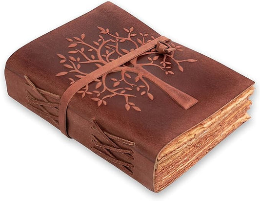 LEATHER VILLAGE Tree of Life Journal - 8"X6" (A5) inches - Red Brown - 200 Antique Deckle Edge Handmade Paper – Book of Shadows - Vintage Leather Bound Journal for Women & Men
