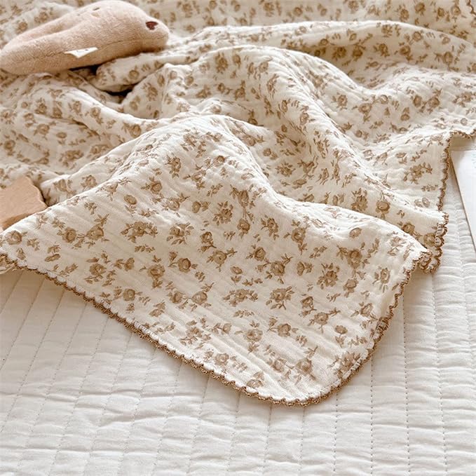 BuLuTu 4 Layer Toddler Blanket 100% Cotton Muslin Bed Blankets for kids,Girls,Boys, Designed with Cute Camellia Flowers Lightweight Thermal Baby Blanket, Super Soft and Warm Crib Blanket, 47x51’’