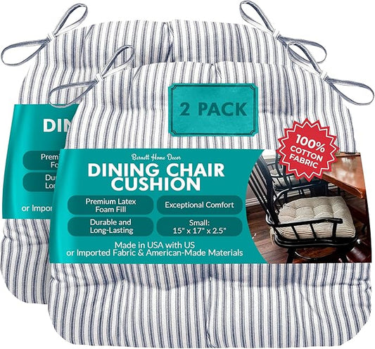 Barnett Home Decor Ticking Stripe Blue Dining Chair Pad with Ties - Pack of 2 Size 15 x 17 Chair Cushions - Latex Foam Fill - Machine Washable, Reversible, 100% Cotton, Made in USA (Navy)