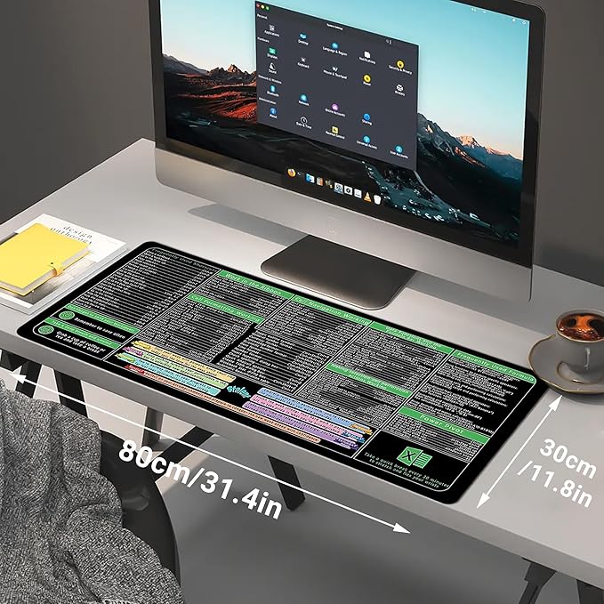 Excel Cheat Sheet Desk Pad, Updated Shortcuts Mouse Pad (31.5"x11.8") | Keyboard Shortcut & XL Gaming Desk Mat for Office/Home | Non-Slip Stitched Edges, Spill-Proof | Employee Appreciation Gifts