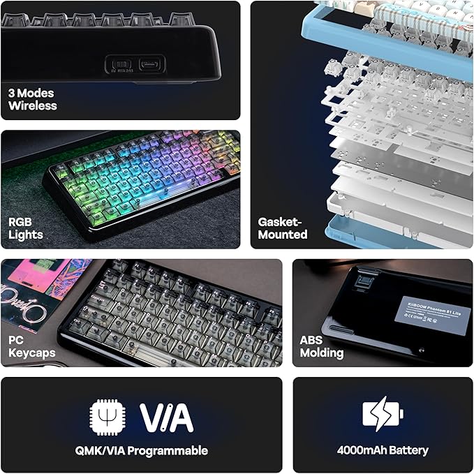 KiiBoom Phantom81 Lite 75% Gasket Mechanical Keyboard, QMK&VIA Programmable, 3 Modes Wireless Gaming Keyboard, RGB Backlights, ABS Case + UV Tech, Hot-Swappable for Windows/Mac/Linux (Black)