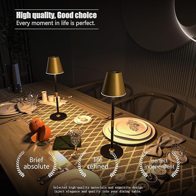 Modern LED CordlessTable Lamp,4000mAh Rechargeable Battery Desk lamp,3 Level Brightness Kitchen Light, Portable,Minimalist Design, for Couple Dinner/Coffee Table/Restaurant/Bedroom(Gold&Black 2pack)