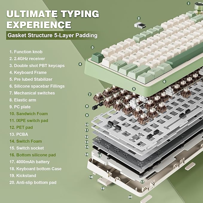 YUNZII B75 PRO Wireless Mechanical Keyboard,75% Layout with Knob,Hot Swap Gasket Structure,Creamy Pre-lubed Switches,RGB Backlit,Bluetooth/Type-C/2.4G for Win/Mac (Matcha Green, Cocoa Cream V2 Switch)