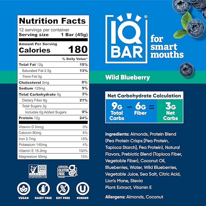IQBAR Brain and Body Plant Protein Bars - Wild Blueberry - 36-Count Low Carb - Gluten Free, High Fiber, Vegan Snacks - Low Sugar Meal Replacement