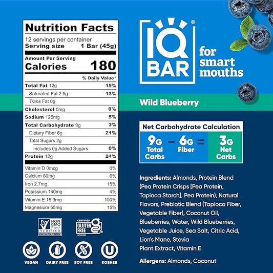 IQBAR Brain and Body Plant Protein Bars - Wild Blueberry - 36-Count Low Carb - Gluten Free, High Fiber, Vegan Snacks - Low Sugar Meal Replacement