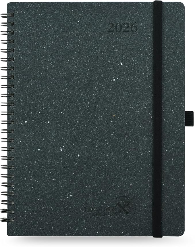POPRUN 2026 Planner - 2026 Recycled Weekly Planner [Italian Regenrated Leather - Medium Size 6.5'' x 8.5''] - 2026 Weekly Planner with Hourly Schedule, Monthly Tabs,TJ-26-WERO7-BGY - Black Grey