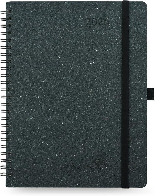 POPRUN 2026 Planner - 2026 Recycled Weekly Planner [Italian Regenrated Leather - Medium Size 6.5'' x 8.5''] - 2026 Weekly Planner with Hourly Schedule, Monthly Tabs,TJ-26-WERO7-BGY - Black Grey