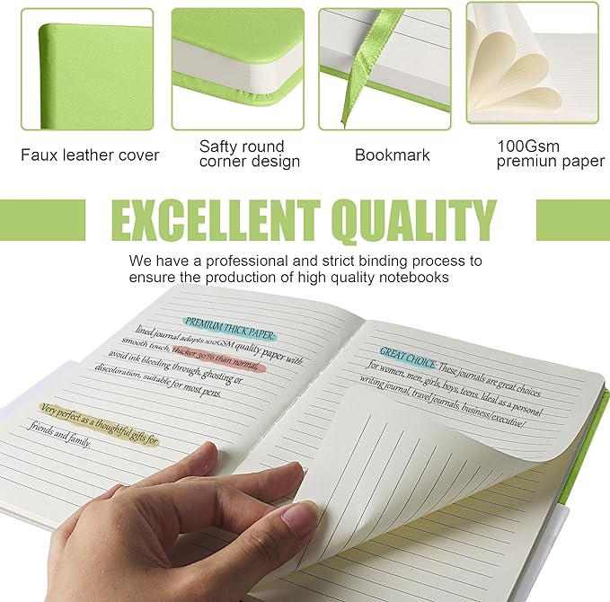 Lined Journal Notebook, 10Pack(Grass Green), 160 Pages, Medium 5.7 inches x 8 inches - 100 gsm Thick Paper, Hardcover