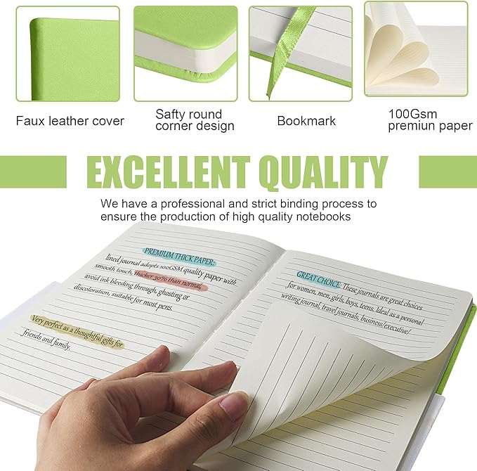Lined Journal Notebook, 6Pack(Grass Green), 160 Pages, Medium 5.7 inches x 8 inches - 100 gsm Thick Paper, Hardcover