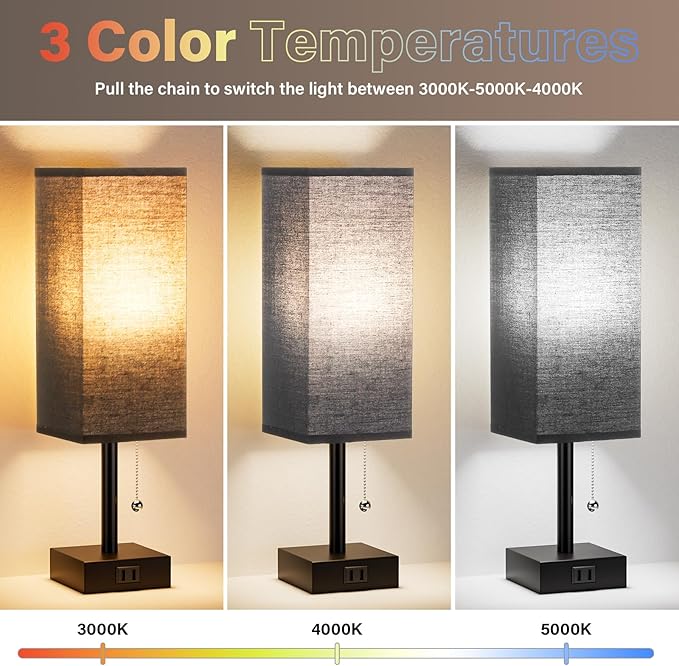 Black Table Lamps for Bedroom Set of 2 - Nightstand Lamp with AC Outlet Charging Port, 3 Color Temperatures Desk Light with Bulb, Small Tabletop Reading Lamp for Living Room/Dorm/Office