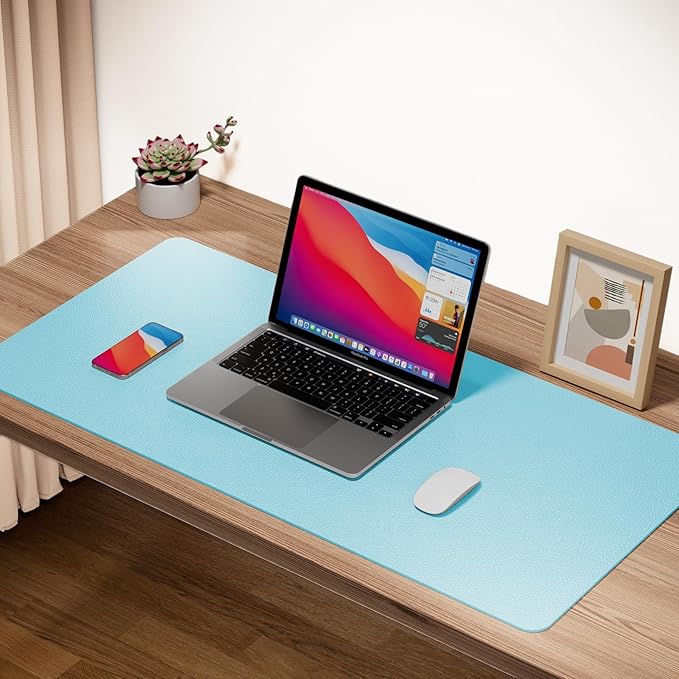 Boutilon Leather Desk Pad Protector,Non-Slip Mouse Pad,Laptop Desk Pad,Office Mouse Mat,Waterproof Leather Desk Blotter,Desk Writing Pad for Office and Home (L-Light Blue,35"x 17")