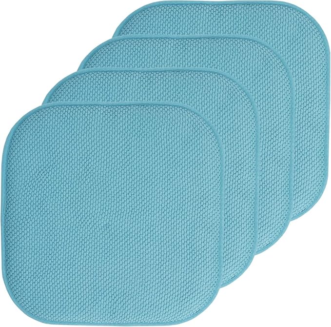 Sweet Home Collection Chair Cushion Memory Foam Pads Honeycomb Pattern Slip Non Skid Rubber Back Rounded Square 16" x 16" Seat Cover, 4 Pack, Teal