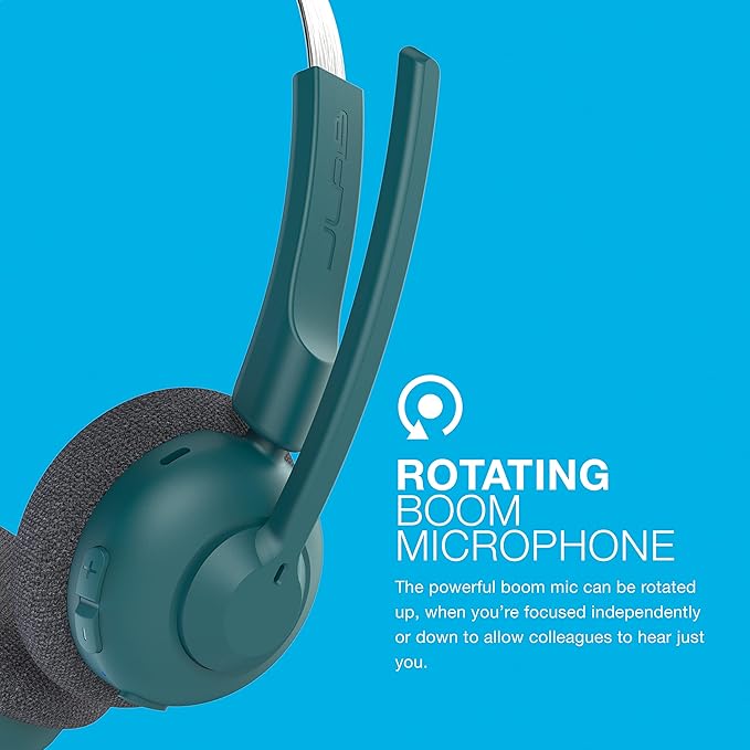 JLab Go Work Pop On-Ear Wireless Headset, Teal, 50+ Hours Playtime, Bluetooth Multipoint, Rotating Boom Mic, Noise Canceling MEMS Microphone, Light-Weight and Portable, for PC/Mac or Mobile